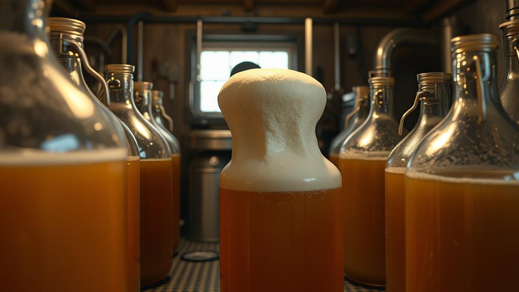 Multiple carboys and demijohns in temperature-controlled garage brewery with active fermentation