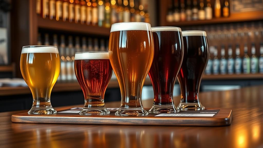 Tasting flight of strong ales ranging from pale amber to deep mahogany with professional lighting