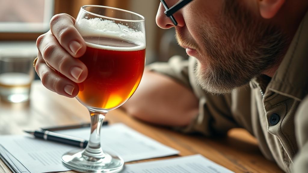 Homebrewer tasting smoked rauchbier from tulip glass, evaluating flavour