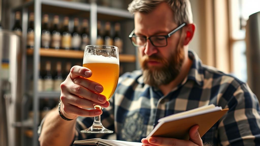 Homebrewer tasting pale golden IPA from nosing glass, making notes in notebook