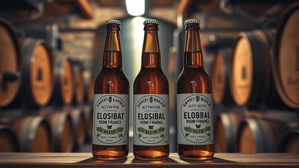 Three conditioning bottles of tea-infused homebrewed beer with custom labels on wooden shelf in brewery cellar