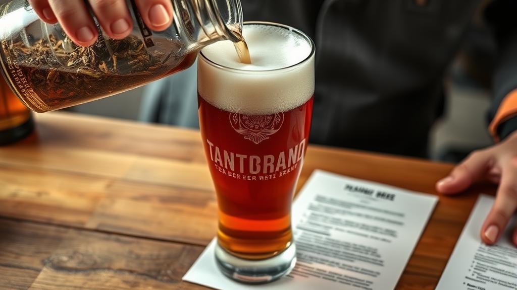 Homebrewer pouring tea-infused beer into a glass with foam head forming, tasting notes visible on nearby paper