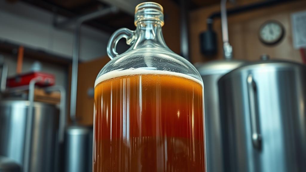 Glass carboy fermenter filled with golden-brown tea-infused beer wort with active airlock in homebrewing garage