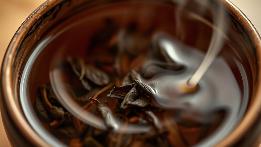 Close-up of steaming tea infusion showing loose leaf tea leaves in hot water with steam rising