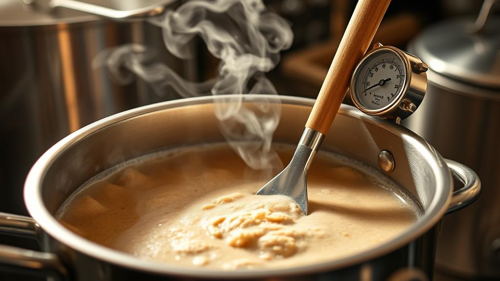 Home brewer stirring mash in kettle with steam rising