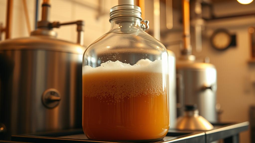 Glass carboy with amber ale and airlock, temperature controlled garage