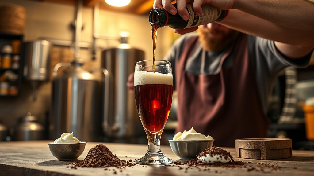 Homebrewer pouring tiramisu ale with coffee and cocoa ingredients