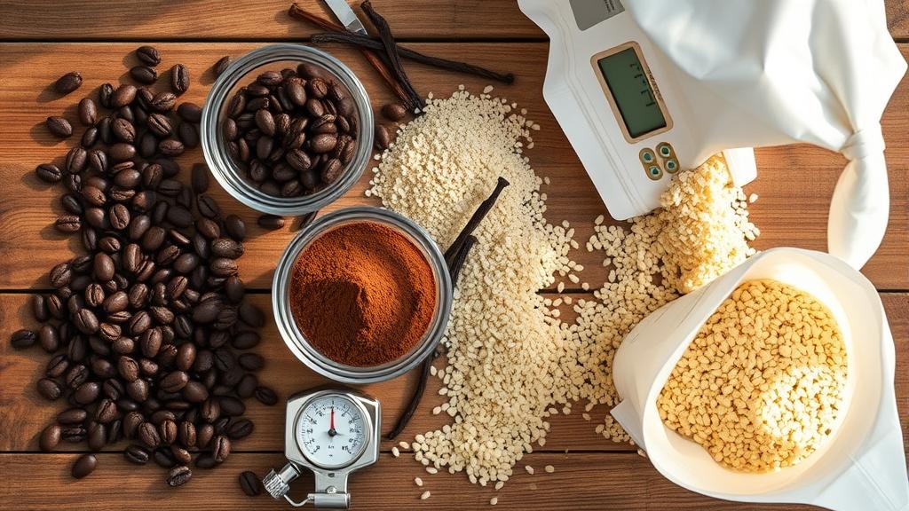 Tiramisu ale ingredients: coffee, cocoa, malt, vanilla on wooden table