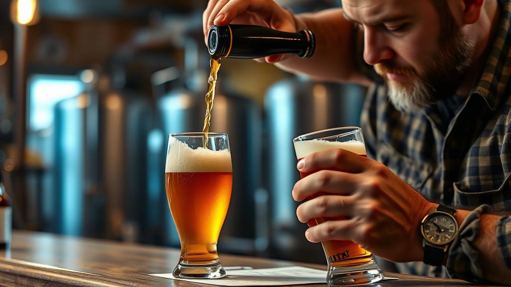 Pouring tiramisu ale into pint glass, examining color and head