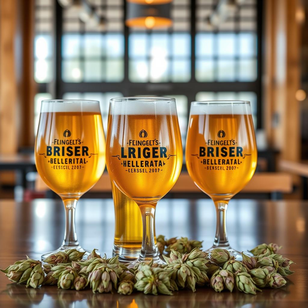 Three glasses of golden lager with hop cones