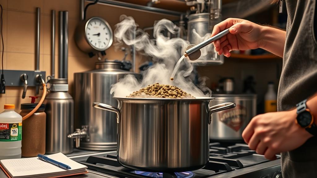 Homebrewer adding cascade hops to a boiling kettle, steam rising, thermometer visible