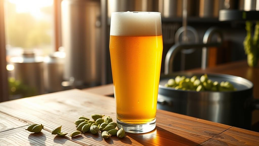 West Coast IPA in a clear pint glass with cascade hops, featuring bright golden clarity and thick white head