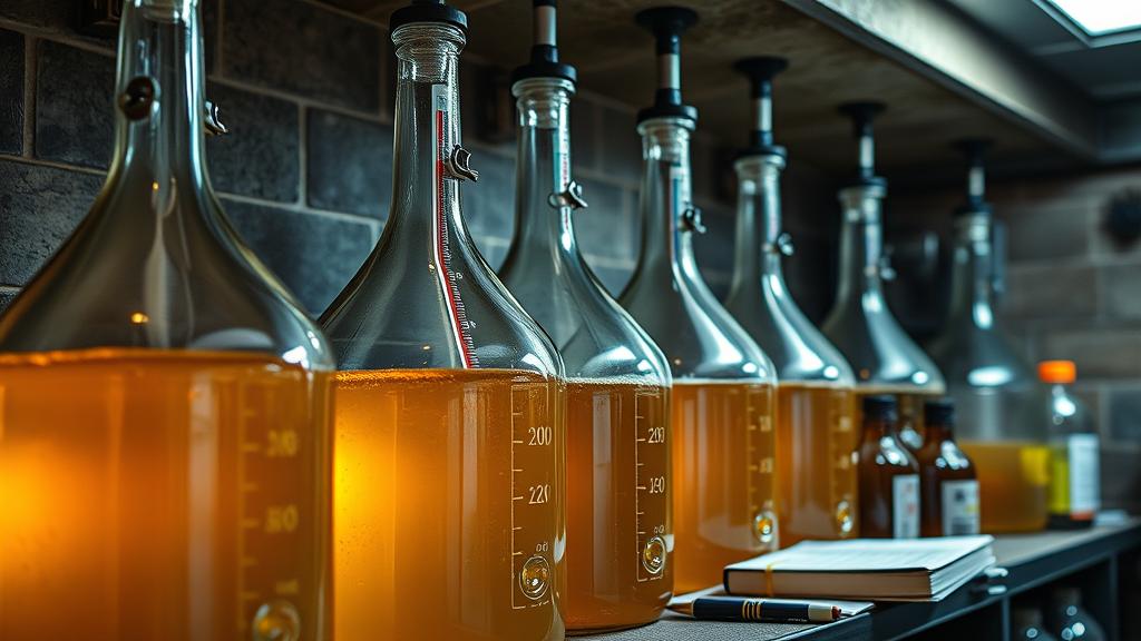 Glass fermentation carboy with golden beer, airlock bubbling gently, temperature strip showing 18°C, basement setting