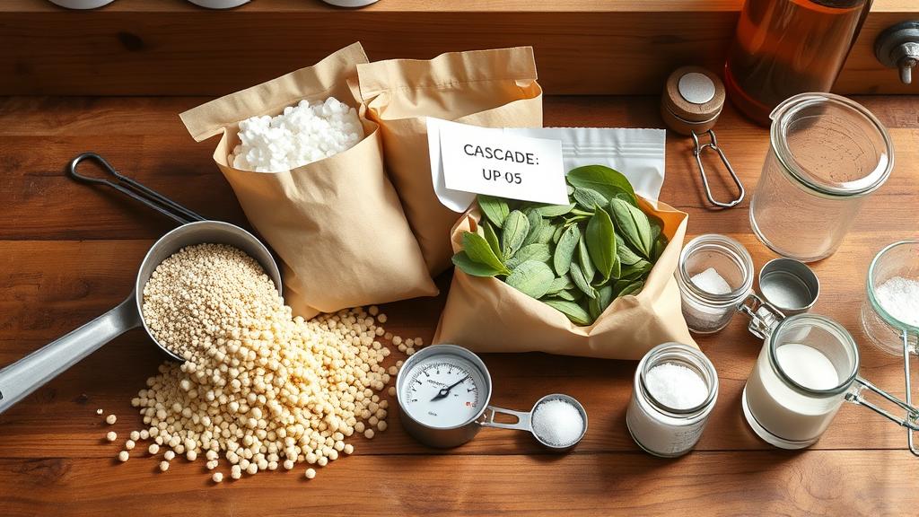 Flat-lay of brewing ingredients: pale malt, cascade and centennial hops, yeast packet, hydrometer, and water chemistry salts