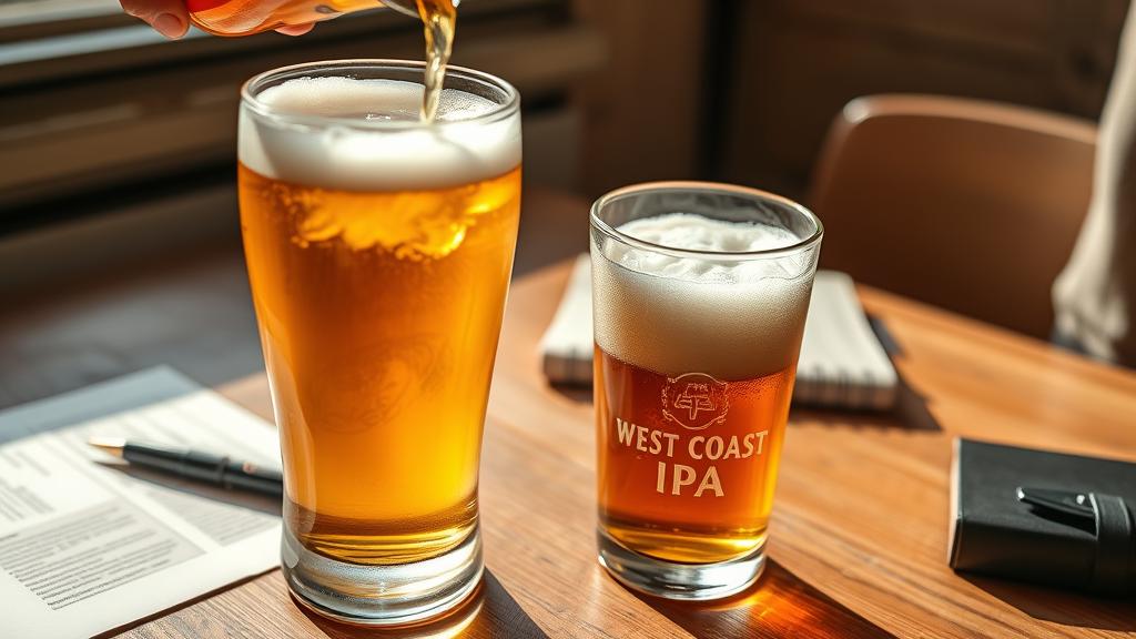 Pouring West Coast IPA into a clear pint glass, showing bright golden clarity, white head forming, wooden table with tasting notes
