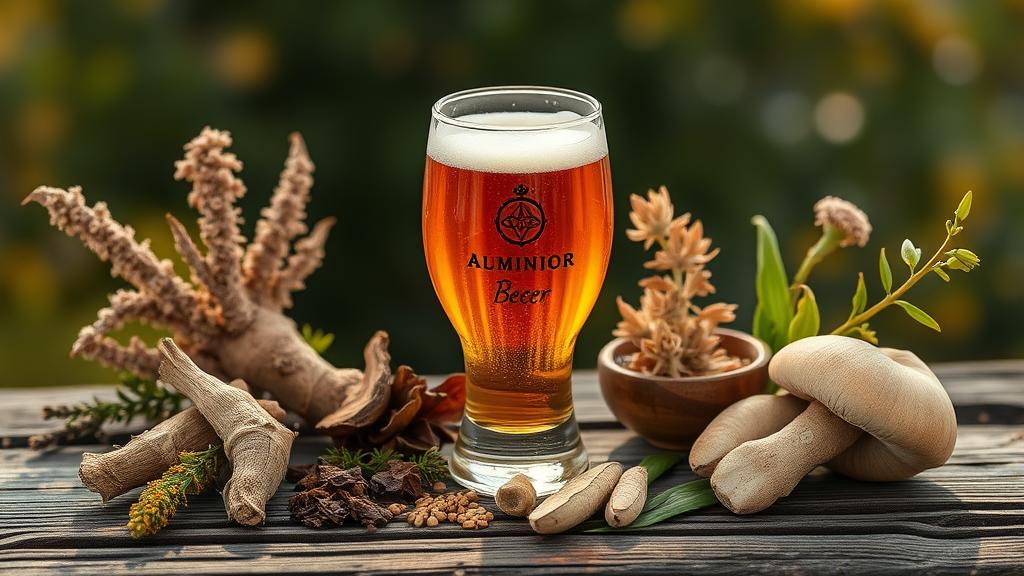 Craft beer with adaptogenic ingredients: ashwagandha root, rhodiola, reishi mushrooms
