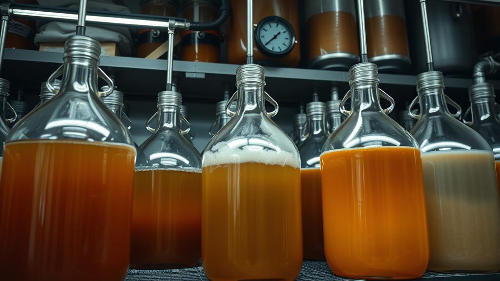 Carboy fermenters with amber and pale wort in a garage brewery