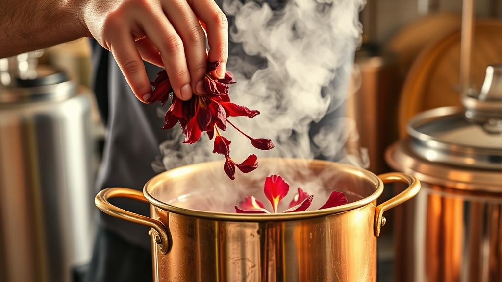 Homebrewer adding dried hibiscus flowers to the kettle at flameout