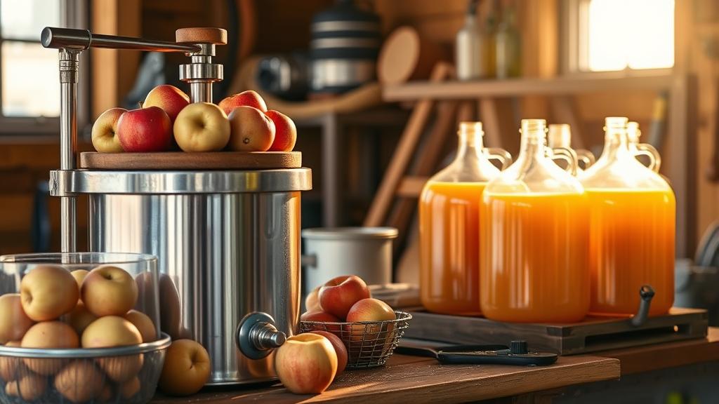 Homebrewer fermenting golden apple cider in glass carboys, garage brewery setup