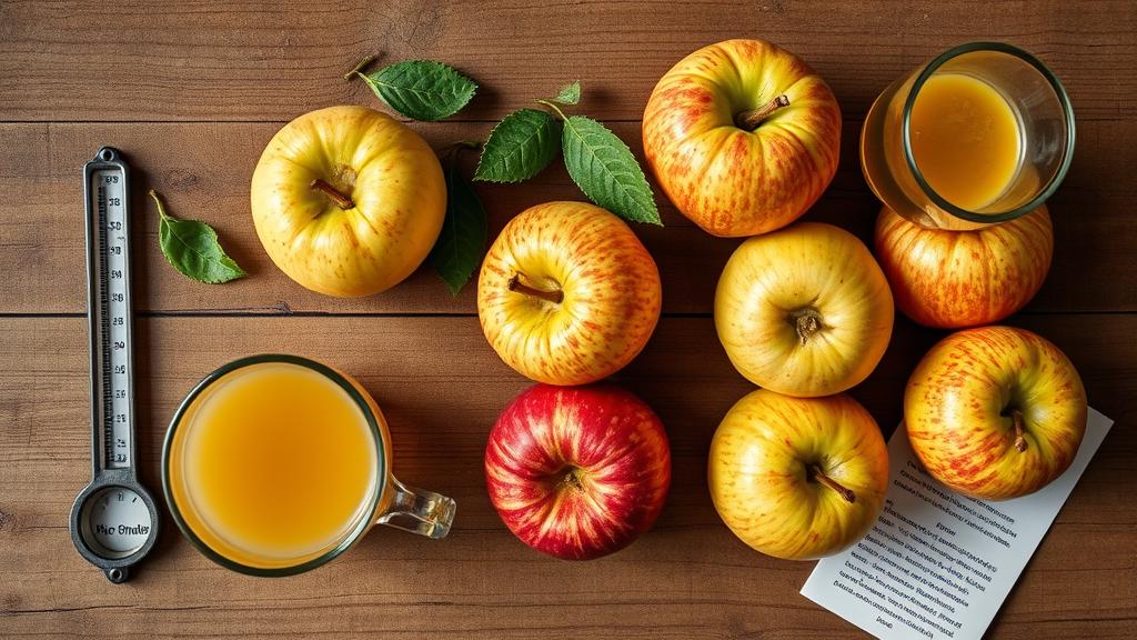 Bramley, Granny Smith, and Cox apples with hydrometer and juice glass on wooden table