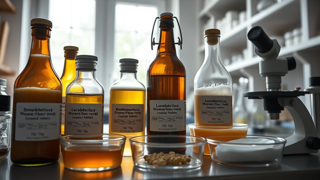 Close-up of Lactobacillus and Brettanomyces cultures with yeast packets for mixed fermentation