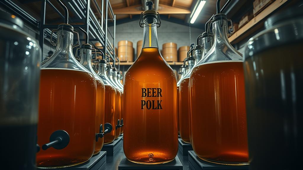 Warehouse view of multiple glass carboys with golden-amber beer aging, cool cellar environment
