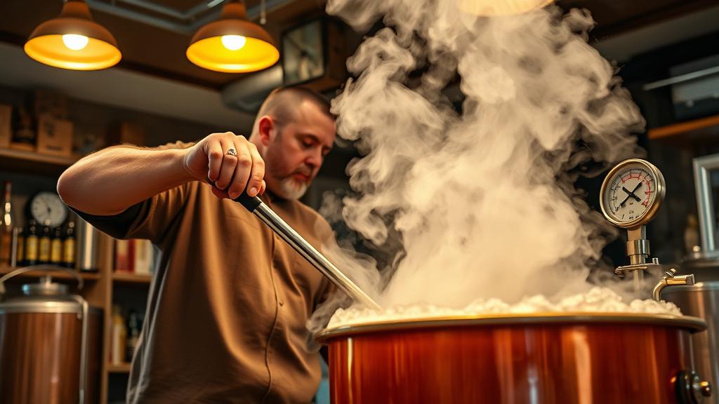 Action shot of homebrewer stirring large copper kettle with vigorously boiling amber wort, steam rising