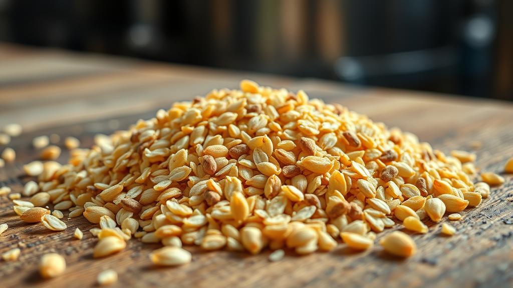 Close-up of pale ale, crystal, and chocolate malt grains on wooden surface