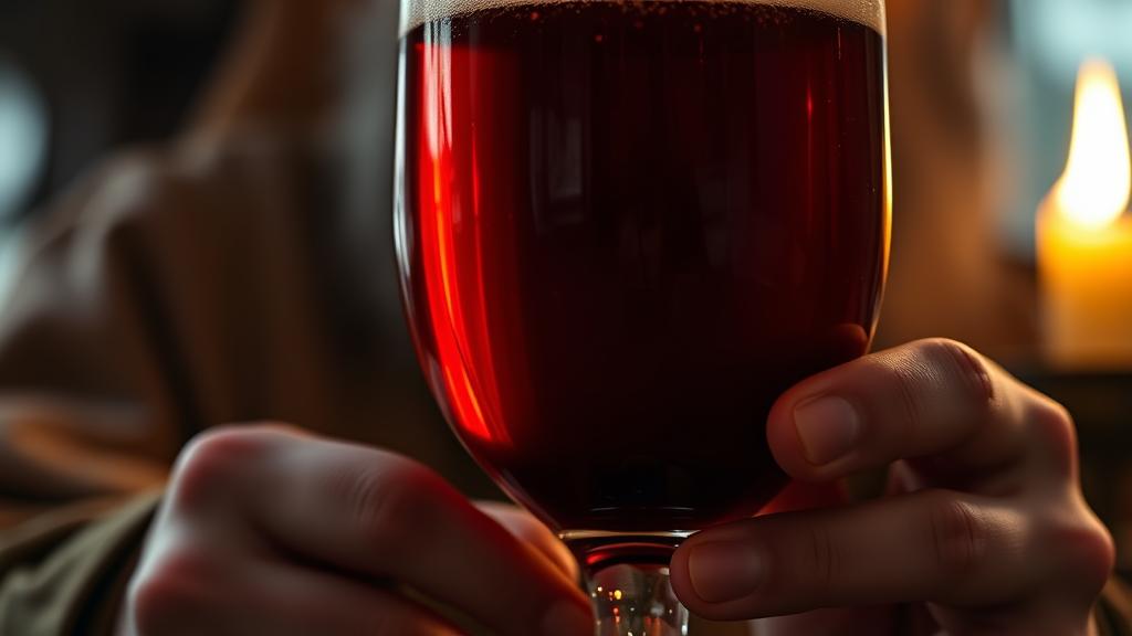 Close-up of imperial chalice with deep ruby and amber barley wine, candlelit contemplation
