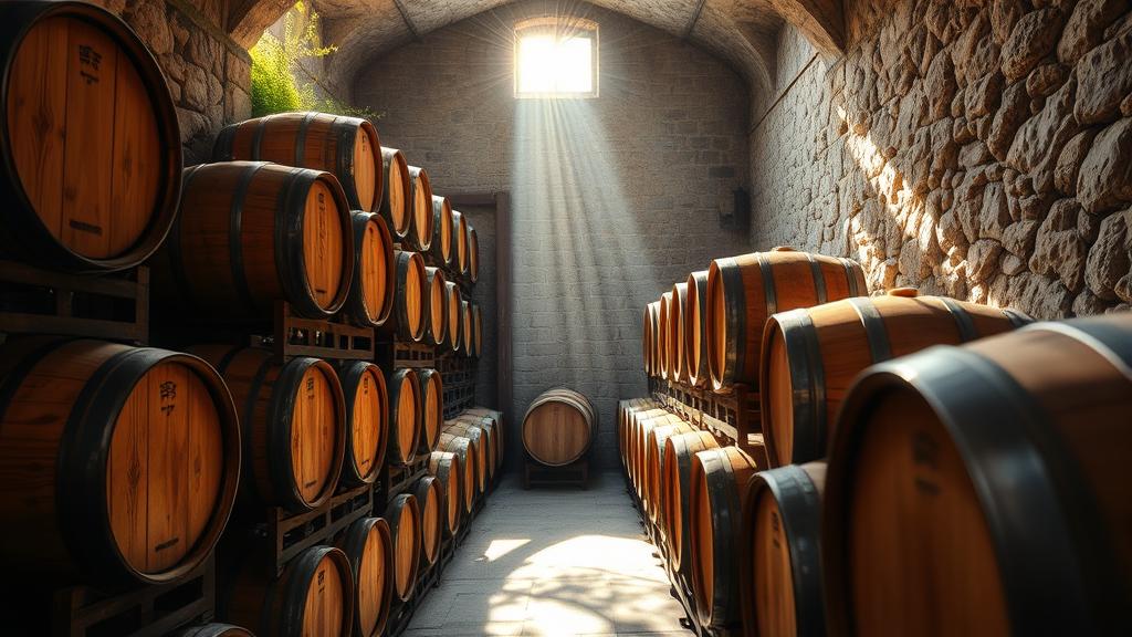 Oak barrels stacked in rustic cellar for barrel-aged wild ale fermentation