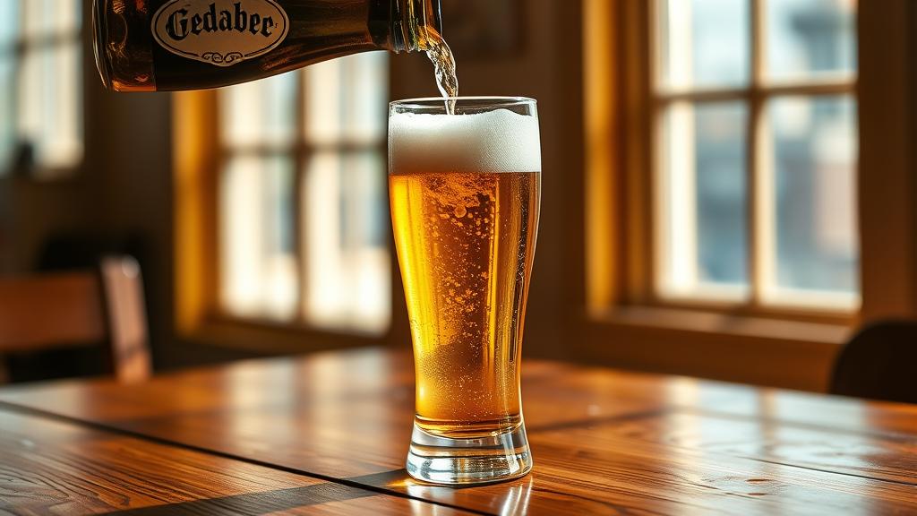 Golden blonde lager being poured into pilsner glass with perfect foam head