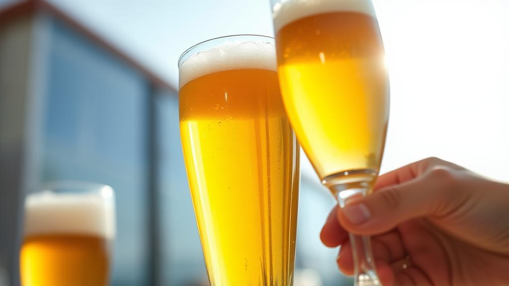Three pilsner glasses of golden blonde lager held to light for evaluation
