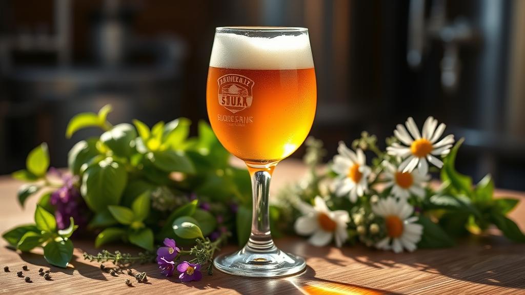 Golden Botanical Saison beer with fresh herbs in Belgian tulip glass