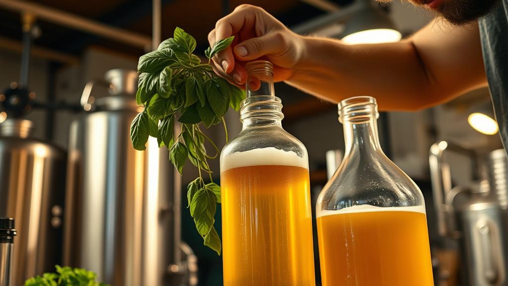 Homebrewer carefully adding fresh basil and herbs to carboy during secondary fermentation
