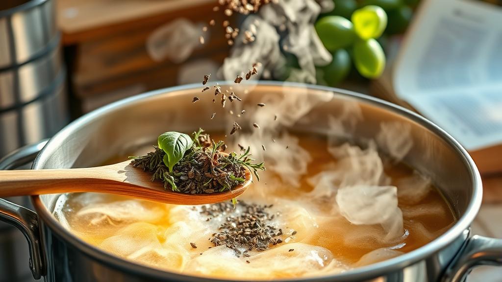 Adding dried thyme and fresh basil to kettle with visible steam rising