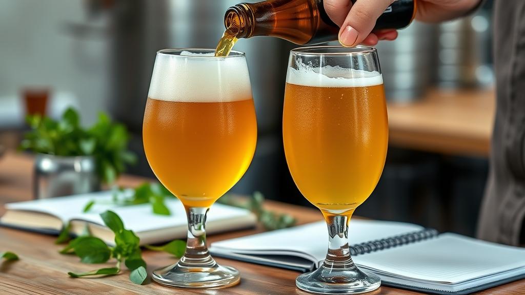 Expert pouring golden Botanical Saison with fresh herbs visible on tasting table