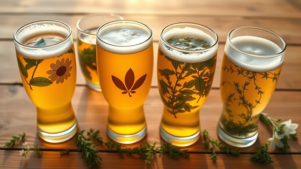 Four Botanical Saison glasses with different herbal infusions displayed side-by-side