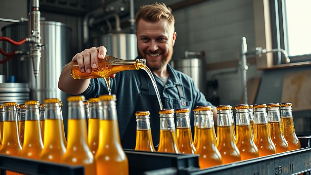 Homebrewer bottling homemade cider, pouring into glass bottles, golden liquid catching light