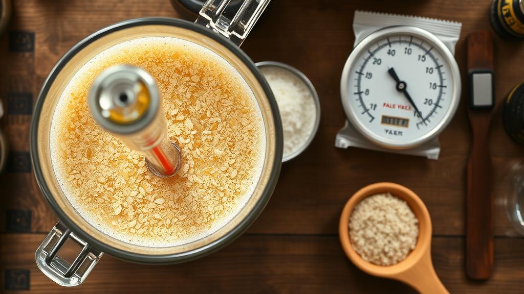 Overhead shot of brewing ingredients: pale malt, cascade hops, low-alcohol yeast, hydrometer on wooden workbench