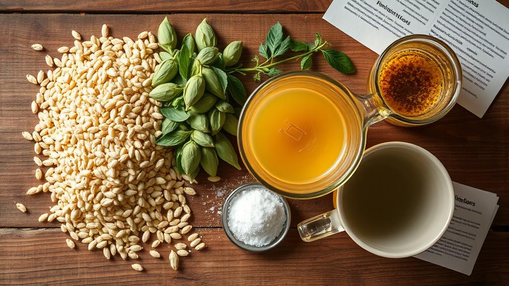 Overhead shot of brewing ingredients: pale malt, noble hops, clarity agents, Irish moss, hydrometer, wooden table