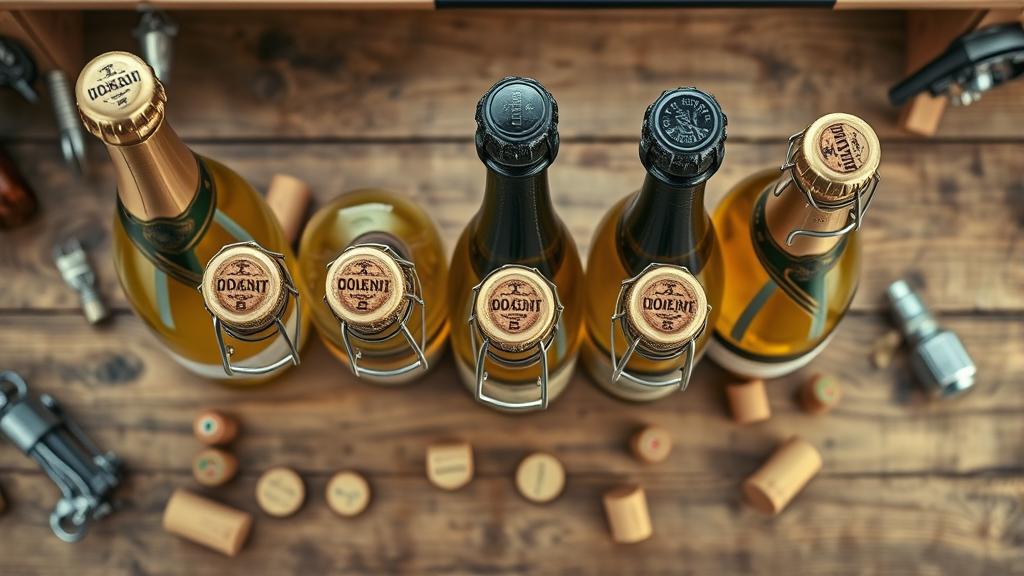 Champagne beer bottles with vintage corks, wire cages, and metal muselet restraints