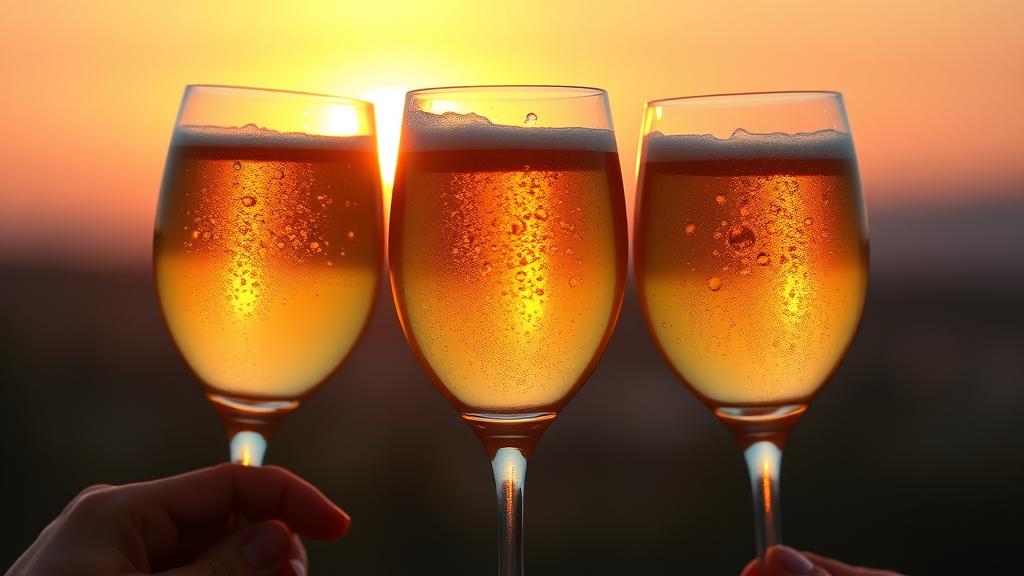 Three coupe glasses of champagne-style beer toasting together, golden liquid with fine bubbles