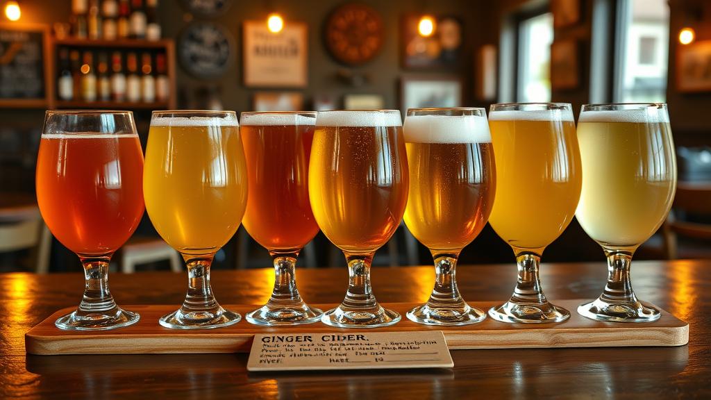 Flight of homemade ciders: dry apple, sweet, spiced, pear, ginger in different glasses