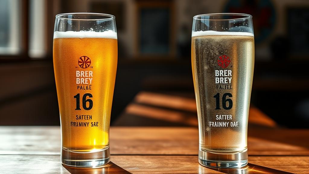 Two beer glasses side-by-side: left cloudy pale ale, right crystal-clear ale, backlighting, wooden table