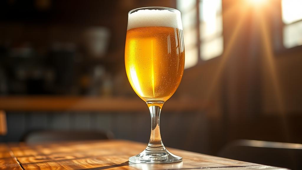 Crystal-clear homebrewed pale ale in sunlight, brilliant golden transparency