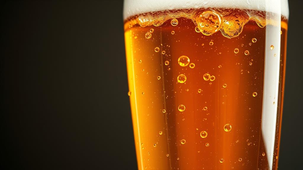 Crystal-clear ale in pint glass held to light, brilliant golden amber, no haze, professional photography