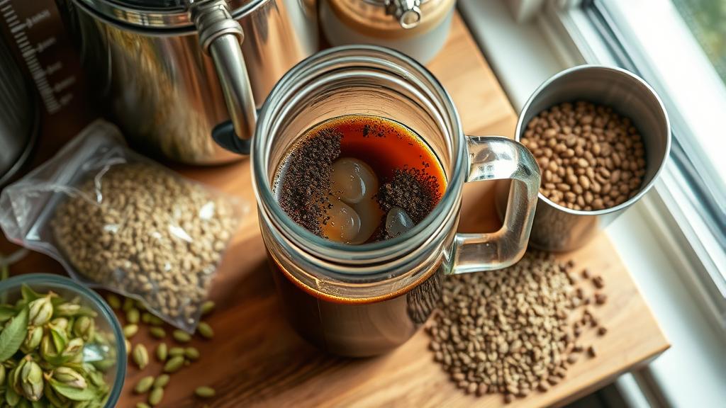 Cold-brew coffee steeping in glass jar with coarse grounds and water, homebrewer shelf setting