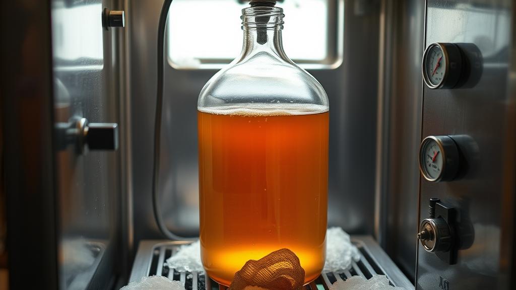 Fermentation chamber with glass carboy of amber ale, temperature gauge, garage brewery setting