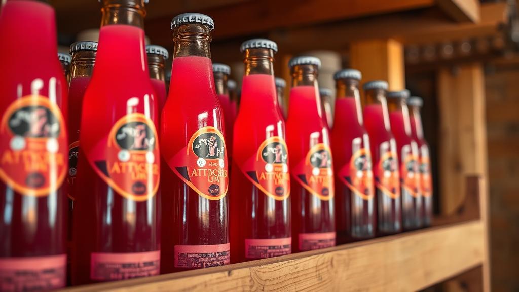 Bottles of bright pink and coral-coloured fruited session sour beer lined up on wooden cellar shelves