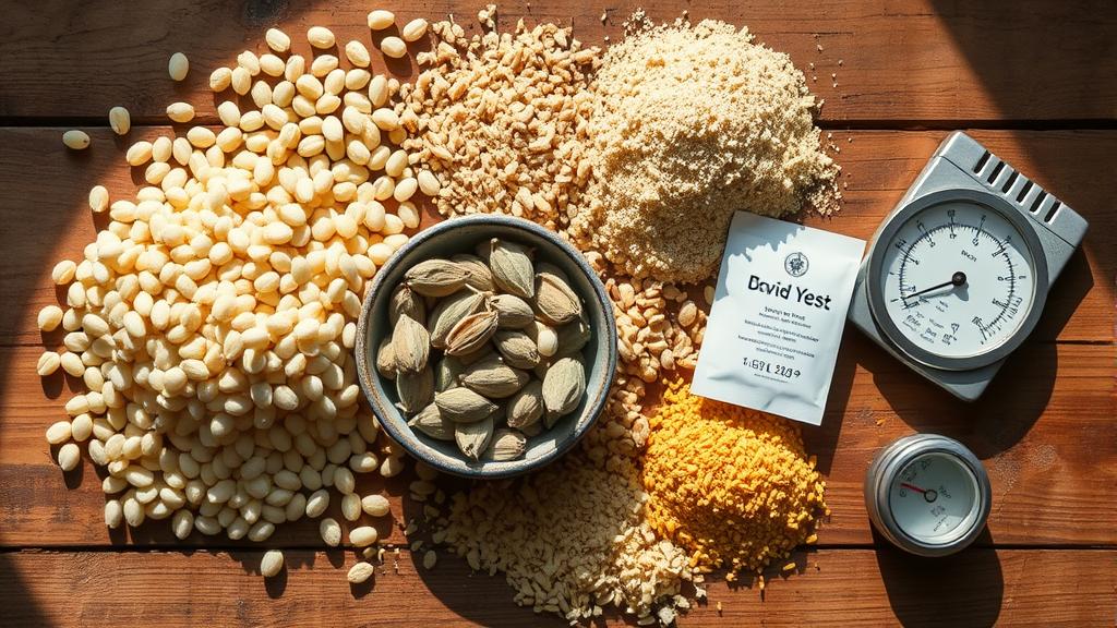 Cream ale brewing ingredients laid out: pale malt, light crystal, flaked maize, noble hops